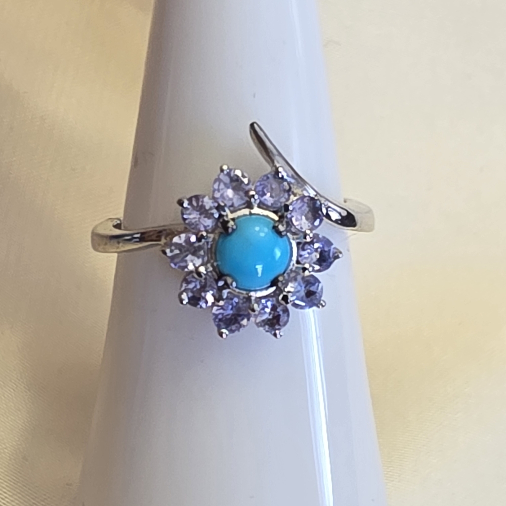 Arizona Sleeping Beauty Turquoise And Tanzanite Floral Ring Size 7